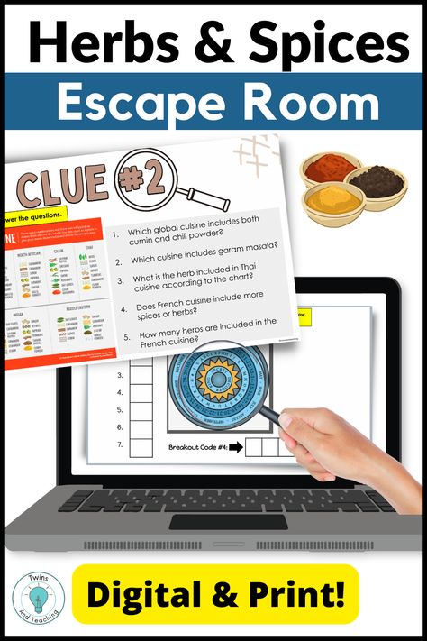 Are you looking for an engaging culinary arts curriculum or fun lessons for your family and consumer science classes? This herbs and spices activity is a digital and printable escape room that will engage your middle and high school students for an entire class period! Great for home economics, CTE classes, life skills cooking, homeschool culinary and more! Food Activities For Middle Schoolers, High School Culinary Arts Classroom, Family Consumer Science Classroom, Cooking Curriculum, Life Skills Cooking, Family And Consumer Science Lesson Plans, Middle School Cooking Class Lesson Plans, Cooking Lesson Plans, Homeschool Cooking