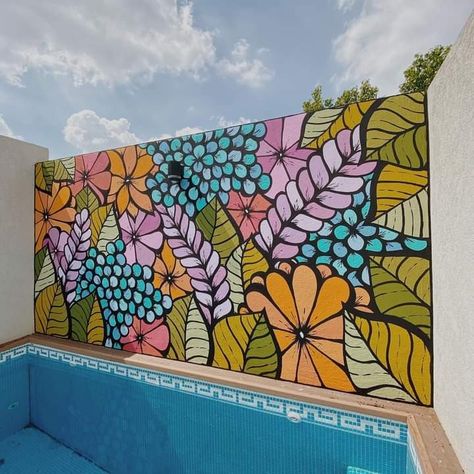 Container Art, Yard Wall, Exterior Murals, Garden Fence Art, Wall Murals Diy, School Bathroom, Garden Mural, Wal Art, Flower Mural