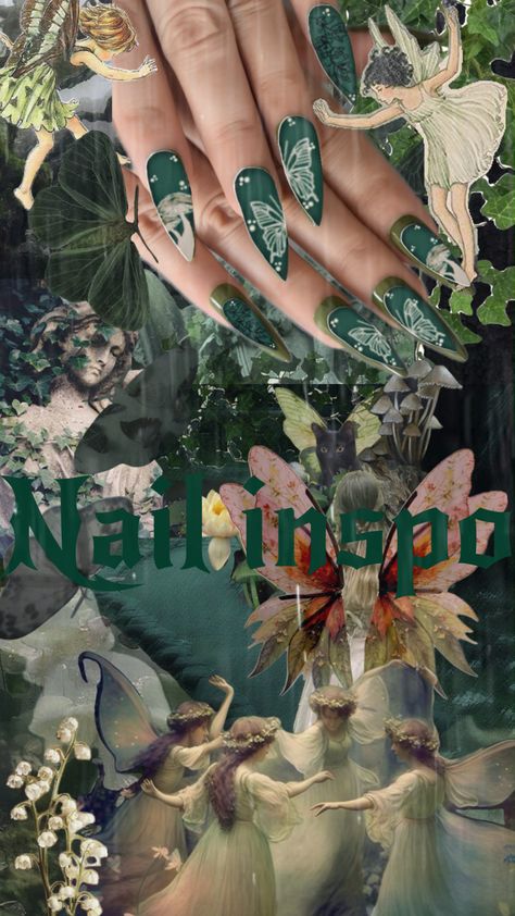 Nail design by rbt #naildesign #nails #nailinspo #fairytale #fairy #fairynails #witchyaesthetic #witchcore #fairycore #forest #twilight #greencore #nailaesthetic #design #cat #aestehtic Fairy Vibe Nails, Fairycore Nails, Forest Twilight, Fairycore Forest, Vibe Nails, Fairy Vibe, Witch Core, Fairy Core, Nail Design