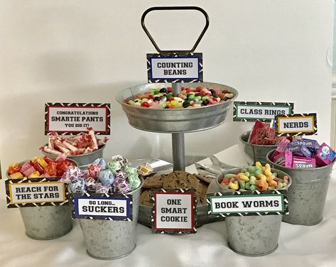 Graduation Party Favors Candy, Graduation Party Table Centerpieces, Candy Buffet Signs, Graduation Candy Buffet, Graduation Candy Bar, Graduation Desserts, Graduation Party Table, Buffet Signs, Candy Bar Sign