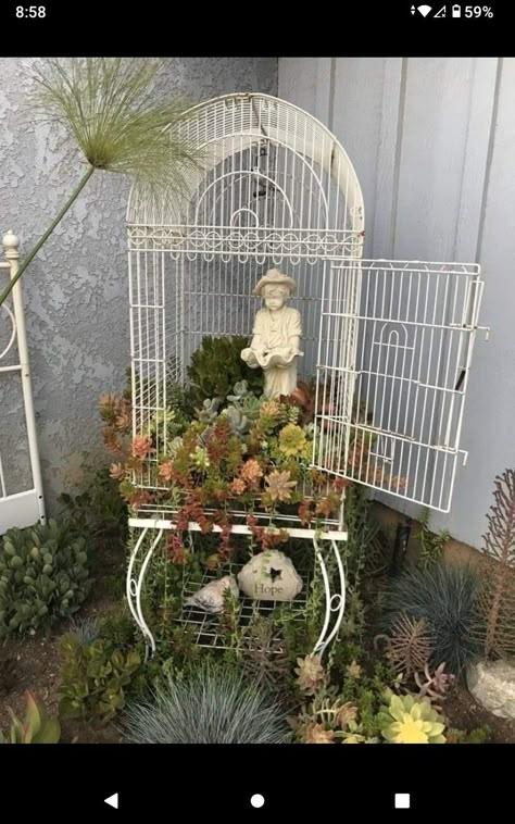 Vintage Bird Cage Decor, Birdcage Planter, Home Backyard, Succulent Garden Diy, Bird Cage Decor, Vintage Bird Cage, Garden Decor Projects, Decor Flowers, Home Garden Decor