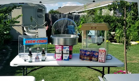 Concessions! Cotton candy, snow cone and popcorn machines! Comes with supplies! Outdoor Popcorn Machine, Popcorn Machines, Cotton Candy Party, Backyard Entertainment, 34th Birthday, Popcorn Machine, Snow Cone, Backyard Entertaining, Food Stands