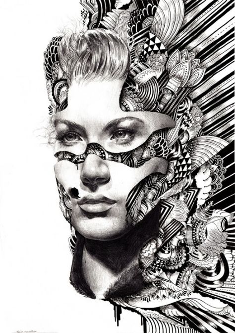 magazine zentangles | Brooke's Blog: Iain Macarthur's Zentangle Portrait Chicago Ideas, Surreal Portrait, A Level Art, Black And White Illustration, Grand Art, A Pencil, Zentangle Art, Art Plastique, Art Classes