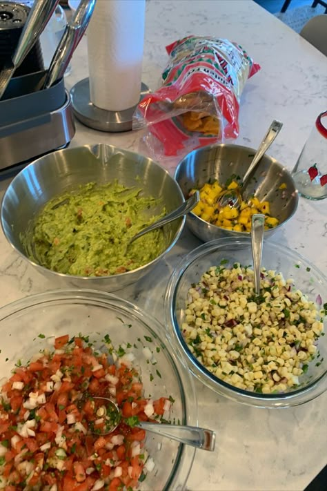 bowls of guac, corn salsa, mango salsa, and regular salsa with a bag of chips Salsa Aesthetic, Aesthetic Chips, Chips Salsa, Healthy Pantry, Chips And Dip, Homemade Salsa, Chips And Salsa, Cook At Home, Recipes From Heaven