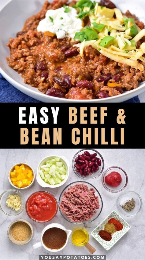 Bowl of chili, ingredients on a table, and text: Easy Beef and Bean Chilli. Ground Beef Beans, Beef And Bean Chili, Chili Con Carne Recipe, Carne Recipe, Con Carne Recipe, Instant Pot Slow Cooker, Ground Beef Chili, Classic Chili, Bean Chilli