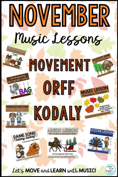 Thanksgiving Music Class, Thankful Songs, Thanksgiving Music Lessons, Thanksgiving Elementary, Thanksgiving Music Activities, Music And Movement Activities, Halloween Music Activities, Music Centers Elementary, Orff Lessons