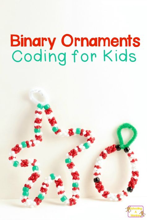 You won't believe how fun it is to make Christmas ornaments with words written in binary. Christmas coding with kids is the perfect technology activity! Upper Elementary Christmas Ornaments, Coding Stem Activities, Coding Activity For Kids, Bubble Christmas Lights, Classroom Experiments, Stem Ornaments, Unplugged Coding Kindergarten, Christmas Stem Challenge, Unplugged Coding Activities