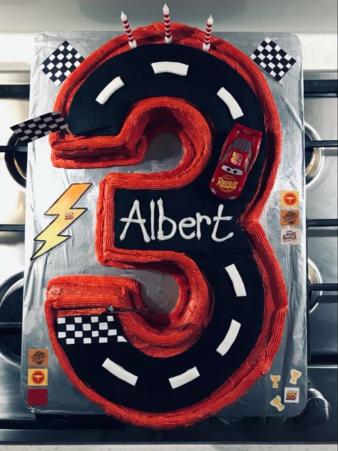 Number 3 Lightning Mcqueen Cake, Number 3 Car Cake, Red Car Birthday Cake, 3 Year Birthday Theme Boy Cars, Cars 3rd Birthday Cake, Lightning Mcqueen Cupcakes, Cars 3 Cake, Disney Cars Birthday Cake, Mcqueen Birthday Cake