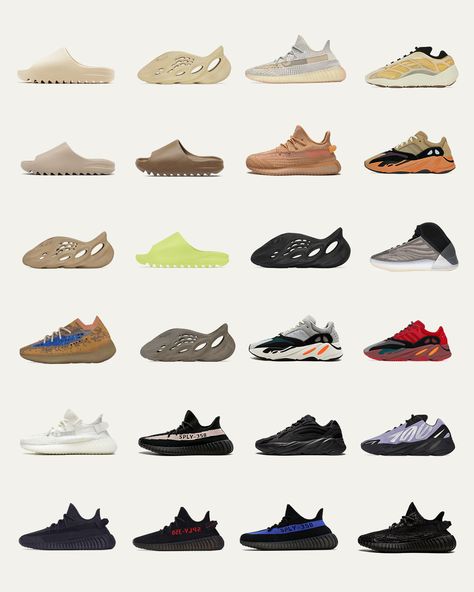 "Which sneakers are you most excited about for this year's Yeezy Day? Most of us probably have our eyes on the re-release of the ""Turtle Dove"" 350s, but don't sleep on the rest of the lineup! All Yeezy Shoes, New Yeezy Shoes, Adidas Yezzy, Yeezy 350 Shoes, Yeezy Collection, Shoe Illustration, Yeezy Season 6, Gym Products, Kanye West Adidas