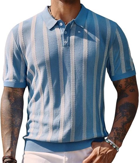 Amazon.com: PJ PAUL JONES Men's Knit Polo Shirts Short Sleeve Vintage Striped Shirts Retro Polo Shirt : Clothing, Shoes & Jewelry 80s Polo Shirt Outfit, 80s Polo Shirt, Vintage Striped Shirt, Polo Shirt Outfits, Striped Shirts, Shirts Short Sleeve, Knit Polo, Men's Knit, Branded Shirts