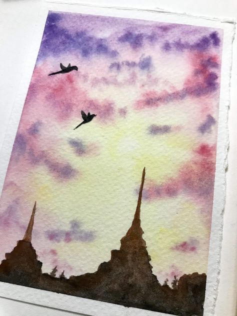 Temple Watercolor, Sky Watercolor, Sun Clouds, Cotton Candy Sky, Sun And Clouds, Birds Painting, Art Project, Cotton Candy, Watercolor Painting