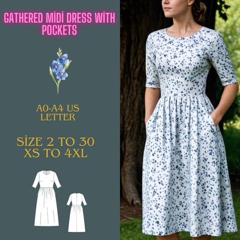 Gathered midi dress with pockets Maxi, Modest Gathered Midi Smock Dress Sewing Pattern, Cottagecore, Shift ,Boho Dress is available as a PDF  instant download dijital pattern; Pattern and sewing instructions are in English US Sizes:0 2, 4, 6, 8, 10, 12, 14,16,18,20,22,24,26,,28,30 Standard Sizes:XXS, XS, S, M, L,XL,2XL,3XL,4XL These patterns are suitable for A4, A0, and US Letter size papers. Once your payment is processed, you will automatically receive download links for the pattern files. Ple Midi Dress Pattern Free, Mennonite Dress Pattern, Modest Dress Patterns Sewing, Winter Dress Pattern, Smock Dress Sewing Pattern, Cottagecore Dress Pattern, Modest Dress Patterns, Peasant Dress Patterns, Midi Dress Pattern