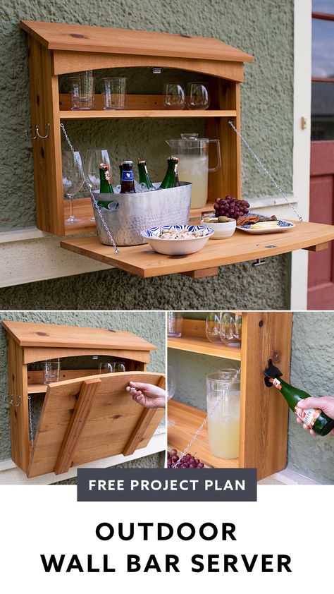 This versatile outdoor bar folds away when not in use, making it perfect for small spaces. The bar top provides just enough work surface to mix a cocktail or serve up brunch. The server is made from five cedar boards and goes together using pocket-hole joinery. You can build one in a weekend. Fold Down Bar, Outdoor Wall Bar, Diy Garden Bar, Murphy Bar, Pocket Hole Joinery, Diy Outdoor Bar, Alcohol Bar, Cedar Boards, Project Plan