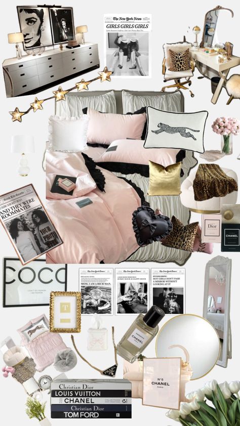 Trendy Room Decor Ideas, Model Room Ideas, Theatre Bedroom, Vogue Aesthetic Room Decor, New York Aesthetic Room, Room Inspo Collage, Scandi Room Aesthetic, Bedroom Inspirations Wall Decor, Glamour Bedroom