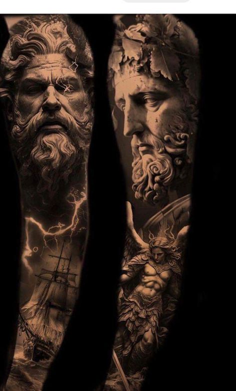 Greek Mythology Tattoos Men, Realistic Tattoo Ideas, Black Crow Tattoos, Nautical Tattoo Sleeve, Greek Tattoo, Greek God Tattoo, Poseidon Tattoo, Zeus Tattoo, Realistic Tattoo Sleeve