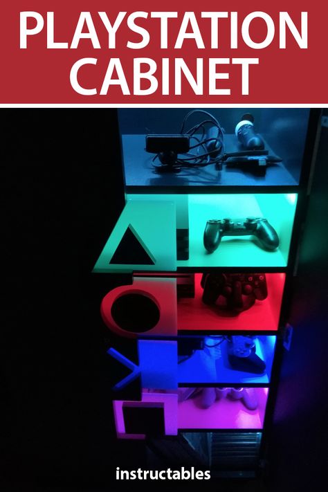 This Playstation-themed cabinet is illuminated with LEDs and has fans built into it for air circulation for your electronics. #Instructables #woodworking #lighting #workshop #furniture #storage Diy Game Console Storage, Diy Game Console, Game Console Storage, Rustic Wooden Headboard, Gaming Cabinet, Workshop Furniture, Custom Bed Frame, Business Step By Step, Woodworking Project Ideas