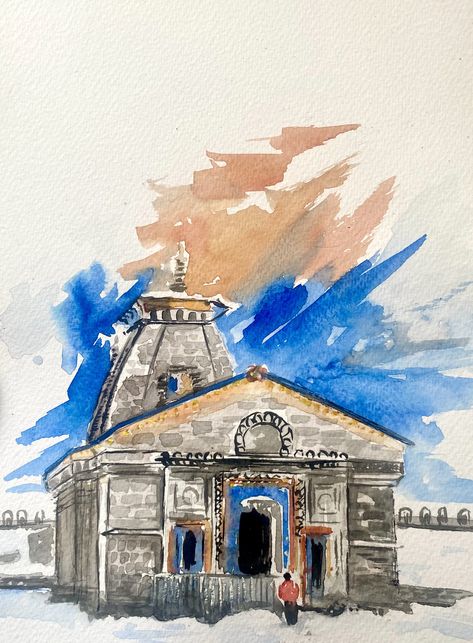 it's a hindu's one of top shrine. Shiva temple in Uttarakhand. Uttarakhand Drawing, Temple Art Indian, Kedarnath Temple Painting, Kedarnath Painting, Kedarnath Temple, Temple Painting, Shiva Temple, Pencil Drawing Images, Album Art Design