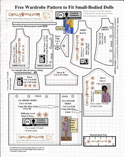 I'm Chelly Wood, and I design my own doll clothes for fun! My website, ChellyWood.com, offers hundreds of free printable PDF sewing patterns for making doll clothes to fit dolls of many shapes and sizes. Today's free printable doll clothes patterns will fit the 1970's Sunshine Family Mom and Grandma dolls. It will also fit vintage World of Love dolls from the 70's. Patterns include 2 lengths of skirts, a purse, and several styles of shirts. Dollhouse Doll Clothes, Free Doll Clothes Patterns, Free Printable Sewing Patterns, Barbie Sewing, Sewing Barbie Clothes, Doll Patterns Free, Barbie Doll Clothing Patterns, Free Pdf Sewing Patterns, Doll Clothes Patterns Free