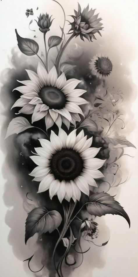 X Ray Sunflower Tattoo, Black And White Flower Tattoo Designs, Sunflowers Tattoo Design, Sunflowers Tattoo, Darkside Tattoo, Black And White Flower Tattoo, Flowers Tattoos, Tattoo Linework, Sunflower Tattoo Sleeve