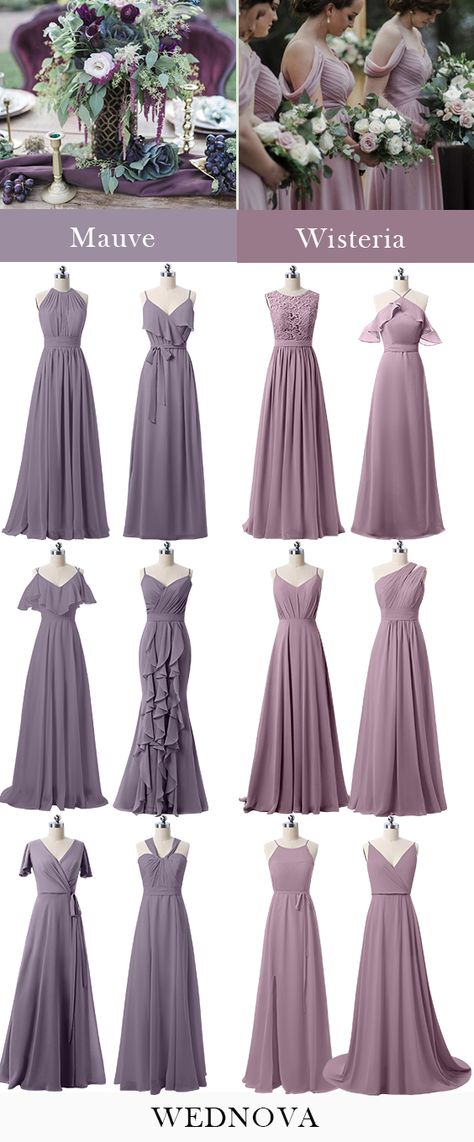 Whether you're choosing colors for your wedding or just your bridal party, use these mismatched bridesmaids dress color palettes to inspire your day!  #wedding #weddings #bride #brides #bridesmaid #bridesmaids #bridesmaiddress #mauvebridesmaiddress #bridesmaiddresses Pastel Purple Bridesmaid Dresses, Violet Bridesmaid Dresses, Dusty Purple Bridesmaid Dresses, Mauve Bridesmaid Dresses, Bridesmaid Dresses Color Palette, Bridesmaids Dress Color, Groomsmen Dress, Mauve Bridesmaid, Mauve Bridesmaid Dress