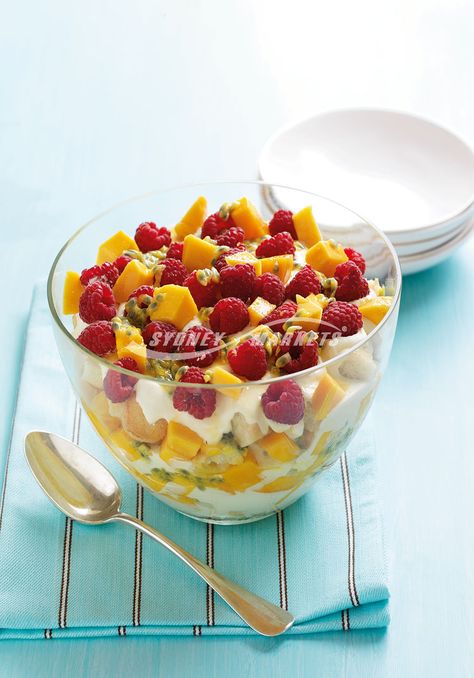 Sydney Markets - Mango, passionfruit & raspberry cream trifle Mango Trifle Recipes, Mango Trifle, Finger Biscuits, Creamy Dessert Recipes, Raspberry Trifle, Thickened Cream, Fruit Trifle, Mango Passionfruit, Trifle Recipes