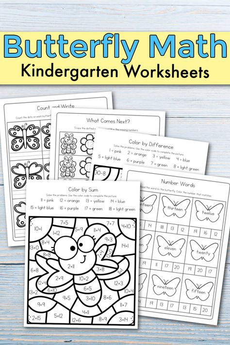 Free butterfly math worksheets that help kids practice the basics of addition, subtraction, and number words up to twenty. These fun worksheets are a great way to keep kindergarteners engaged and learning while having fun! Butterfly Math Kindergarten, Butterfly Kindergarten Activities, Butterflies Kindergarten, Worksheets Preschool Free Printable, Butterfly Math Activities, Preschoolers Worksheets, Math Worksheets Preschool, Math Worksheets For Kindergarten, Preschool Jungle