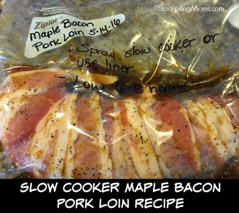 Slow Cooker Maple Bacon Pork Loin Recipe is a delicious crockpot freezer meal! Bacon Pork Loin, Freezer Meal Labels, Freezer Stock, Bacon Wrapped Pork Loin, Freeze Meals, Bbq Foods, Pork Loin Recipe, Bacon Wrapped Pork, Crockpot Freezer Meals