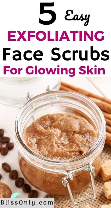 Have you been applying expensive chemical face scrub but still see no results? If so, it's time to go all-natural. Here I have got 5 Best DIY Face Scrub Recipes for clear and glowing skin. These facial scrubs cleanse pores, treat dry skin, remove dead skin cells, blackheads, dark spots and provide anti-aging benefits too. #diyfacescrub #homemadefacescrub #exfoliatingfacescrub  #diysugarscrub #coffeefacescrub #coconutoilscrub How To Make Face Exfoliator, Home Made Face Scrub Exfoliate, Home Made Scrub For Glowing Skin, Home Made Facial Scrub, Home Made Face Scrub, Diy Exfoliating Face Scrub, For Clear And Glowing Skin, Clear And Glowing Skin, Face Scrub Recipe