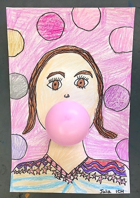 Bubble Gum Blowing Self Portrait, Art For 1st Grade Lesson Plans, New Year Art Grade 1, Art With Mrs Filmore, Bubble Self Portrait, Bubble Gum Portrait, 1st Grade Self Portraits, Bubble Blowing Art, 1st Grade Spring Art Projects