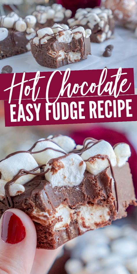 Hot Cocoa Fudge Recipe, Christmas Fudge Recipes Easy Condensed Milk, Fudge Packaging Ideas, Christmas Candy To Make, Hot Cocoa Fudge, Christmas Fudge Easy, Candy Bar Fudge, Hot Chocolate Fudge Recipe, Chocolate Fudge Recipes