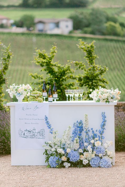 Enchanting wedding ideas at a Chateau in the vineyards of Burgundy via Magnolia Rouge Hydrangeas At Wedding, Wedding Ideas Hydrangea, French Garden Wedding Decor, Riverside Wedding Ideas, Blue And White Elegant Wedding, Blue Coastal Wedding Theme, Light Blue Coastal Wedding, Marthas Vineyard Wedding Aesthetic, Blue Southern Wedding