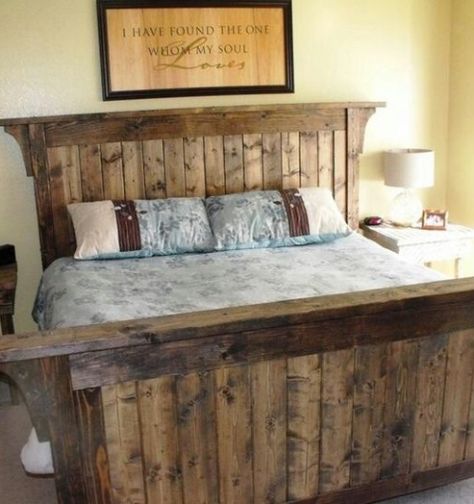 rustic bed1 Barnwood Bed, Barnwood Headboard, Rustic Bedding Sets, Rustic Bed, Rustic Bed Frame, King Bed Headboard, Rustic Bedroom Furniture, Rustic Furniture Diy, Deco Champetre