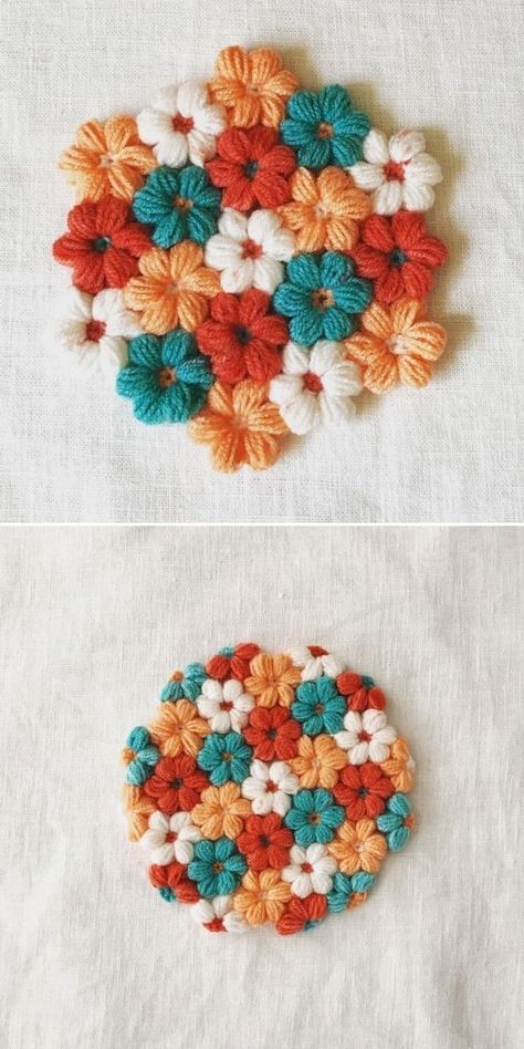 Crochet puff flowers can be decorations on their own, or end up attached to each other, creating dense meadow of flowers. Sunny went for one of the best ways to approach puff flowers, and that's to mix and match the colors within petals and centers. As you can see, each flower ends up looking interesting, but you don't loose the overall vibe of the color scheme. Clever! #puffflower #crochetflower #flowerblanket #babyblanket Wildflower Granny Square, Granny Square Haken, Tote Crochet, Crochet Flower Blanket, Crochet Puff Flower, Crochet Flowers Easy, Gilet Crochet, Crochet Coaster Pattern, Gift Crochet