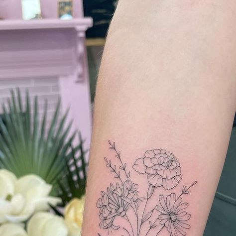 Aster And Marigold Flower Tattoo, Los Angeles Tattoo, Lavender Tattoo, Botanical Tattoo, Marigold Flower, February 13, Fine Line Tattoos, Forearm Tattoo, Birth Flowers