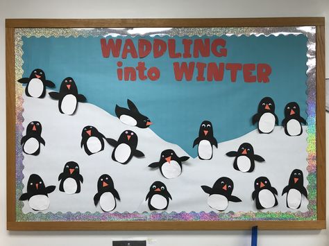 Waddling into Winter - Winter Penguin Bulletin Board - Preschool Waddling Into Winter Door, Waddling Into Winter Bulletin Board, Penguins Bulletin Board, Penguin Bulletin Boards For Preschool, Winter Billboard Ideas, Winter Bulliten Boards For School, Winter Bulletin Board Ideas For Daycare, Meet Our Staff Bulletin Board Ideas, Penguin Bulletin Board Ideas