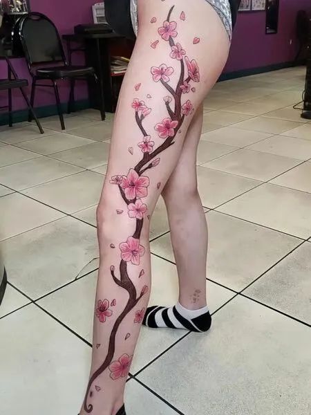 Leg Cherry Blossom Tattoo, Sakura Leg Tattoo, Japanese Tattoo Women Leg, Cherry Blossom Tattoo On Leg, Japanese Leg Tattoo Women, Cherry Blossom Tattoo On Thigh, Cherry Blossom Tattoo Leg, Cherry Blossom Thigh Tattoo, Cherry Blossom Hip Tattoo