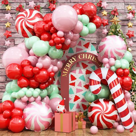 PRICES MAY VARY. 🎄 Christmas Party Decor: Matte Pink Balloons (18-inch x 2, 10-inch x 25, 5-inch x 10), Matte Green Balloons (10-inch x 25, 5-inch x 10), Christmas Candy Cane Aluminum Foil Balloon x 1, Red Windmill Aluminum Foil Balloon x 2, Pink Windmill Aluminum Foil Balloon x 2, Glue Dots x 1, Balloon String x 1. 🌟High-quality balloon materials: All balloons are made from genuine natural latex material, which is safe and harmless. Our team is committed to making our products perfect, tracin