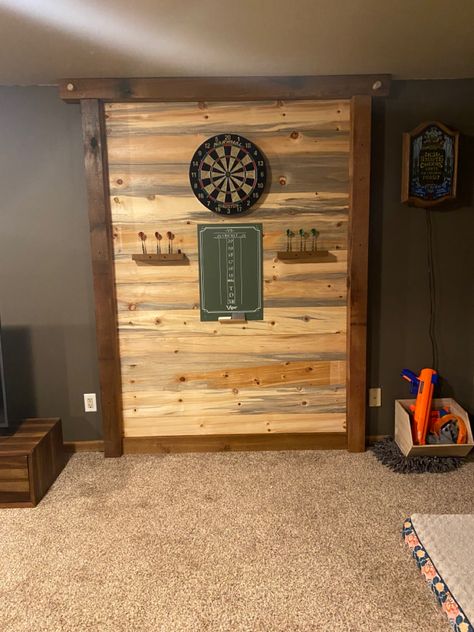 Dart Board Wall Diy, Dart Board Wall, Basement Bar Plans, Wood Feature Wall, Dart Board Cabinet, Mud Room Entry, Dart Boards, Bar Plans, Simple Home Decor