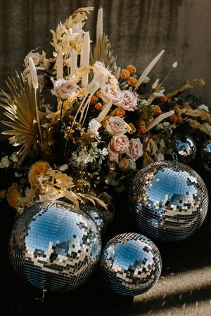 Disco-themed-wedding-floral-arrangement Downtown Calgary, Wedding Brunch, Ball Wedding, Wedding Styled Shoot, Bird Wedding, Calgary Wedding, Rooftop Wedding, Fall Tablescapes, Floral Arrangements Wedding