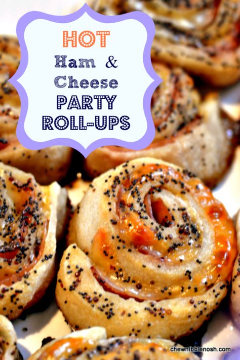 Hot Ham & Cheese Party Roll Ups - Chew Nibble Nosh Party Roll Ups, Ham Cheese Rolls, Broccoli Cornbread, Hot Ham And Cheese, Ham And Cheese Roll Ups, Pastry Dinner, Easy Suppers, Ham And Cheese Pinwheels, Homemade Ham