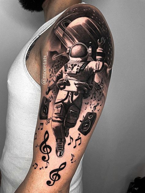 Space And Music Tattoo, Astronaut Planet Tattoo, Sleeve Styles Tattoo, Astronaut Music Tattoo, Space Music Tattoo, Music Shoulder Tattoo, Astronaut Sleeve Tattoo, Outer Space Sleeve Tattoo, Astronaut Tattoo Men