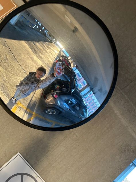 Traffic Mirror Selfie, Garage Mirror, Car Mirror Selfie, Traffic Mirrors, Side Mirror Car, Insta Ideas, Parking Garage, Cute Poses For Pictures, Car Park