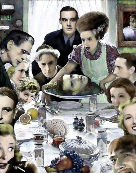 Frankenstein family Thanksgiving. ❣Julianne McPeters❣ no pin limits 1950s Costumes, Classic Monster Movies, Sourpuss Clothing, Creepy Christmas, Famous Monsters, Horror Monsters, Art Parody, Horror Icons, Classic Horror Movies