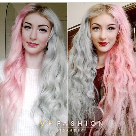 Half pink half Iliac... Absolutely fab Half Pink Half Blonde Hair Split, Half Blonde Half Purple Hair Split, Pink And Yellow Split Dye, Blonde Purple Split Dye, Pastel Pink And Blue Split Dye Hair, White Ombre Hair, Clipin Hair Extensions, Indian Remy Human Hair, Hair Styels