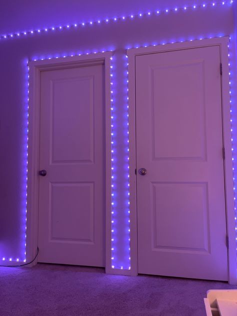 Led Lights Around Door Frame, Purple Closet Aesthetic, Bedroom Colors Purple, Purple Wall Paint, Purple Themed Bedroom, Colour Bedroom, Purple Dorm Rooms, Purple Dorm, Instagram Ios