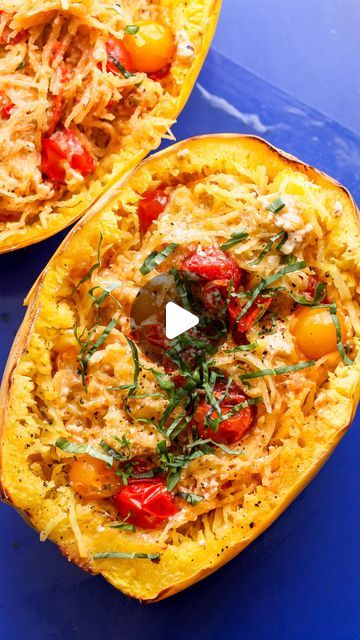 Jamie Vespa MS, RD on Instagram: "Tomato-Pesto Baked Feta Spaghetti Squash (FULL RECIPE BELOW). For minimal ingredients, this is such a satisfying veggie main. We served it alongside chicken meatballs, however just about any protein would pair well. Inspired by @eatingwell and the baked feta pasta queen @feelgoodfoodie ✨
.
.
1 medium spaghetti squash, halved lengthwise and seeded
Extra-virgin olive oil
Kosher salt and black pepper to taste
8 oz. cherry tomatoes (about 1 1/2 cups)
3 Tbsp. pesto (I use @delallofoods)
2 garlic cloves, minced
Pinch of crushed red pepper flakes
2 (2-oz.) wedges of feta cheese (I use @athenosfeta chunk feta)
Chopped fresh basil for garnish

Preheat oven to 400ºF. Drizzle inside of each squash boat with EVOO, and season with kosher salt and black pepper.
In a med Spagetti Squash Feta Tomato, Baked Feta Spaghetti Squash, Feta Spaghetti Squash, Feta Spaghetti, Pasta Queen, Baked Feta, Feta Pasta, Spaghetti Squash Recipes, Tomato Pesto