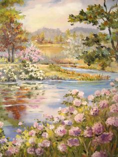 Romantic Landscape Painting, Spring Painting Aesthetic, Spring Aesthetic Painting, Spring Painting Ideas On Canvas, Primavera Aesthetic, Spring Digital Art, Countryside Oil Painting, Spring Oil Painting, Painterly Flowers