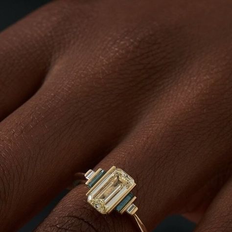 ARTËMER on Instagram: "A 1.5ct light yellow emerald cut diamond nestled between cozy teal sapphires and bright white diamond baguettes 🌠 #diamondring #engagementring #finejewelry #alternativebride #bridal #emeraldcut #emeraldcutdiamond #tealsapphire #sapphire gold #18kgold #14kgold #goldjewelry #finegold #solidgold" Alternative Bride, Emerald Cut Diamond, Emerald Cut Diamonds, Baguette Diamond, Light Yellow, Emerald Cut, White Diamond, Bright White, Instagram A