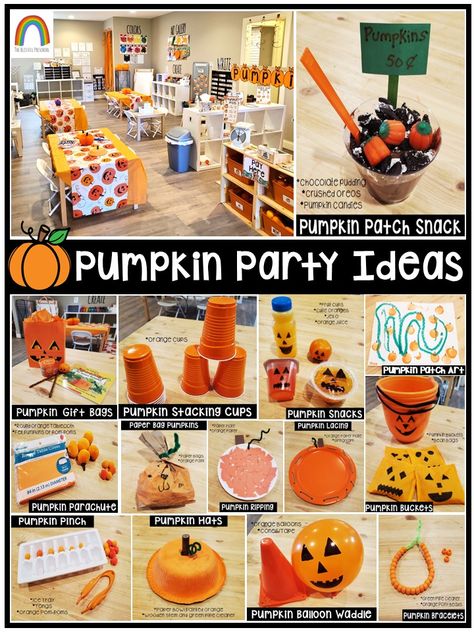 Preschool Harvest Party Ideas, Pumpkin Provocations Preschool, October Dramatic Play Preschool, Fall Party Kindergarten, Fall Party Classroom Ideas, Fall School Party Ideas For Kids, Preschool Fall Party Ideas, Kindergarten Fall Party Ideas, Preschool Fall Festival Ideas