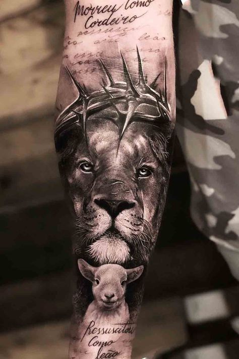 Back Animal Tattoo, Lion And The Lamb Tattoo, Lion And Lamb Tattoo, Lamb Tattoo, Full Chest Tattoos, Sheep Tattoo, Biblical Tattoos, Half Sleeve Tattoos Forearm, Bible Tattoos